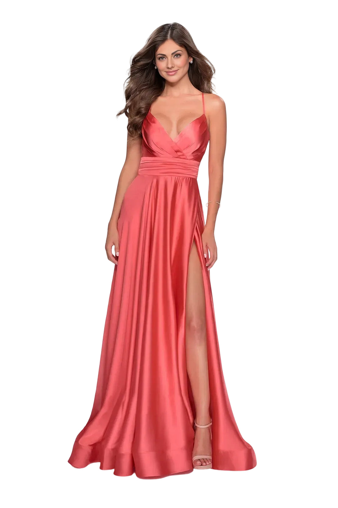 Elegant ALine VNeck Sleeveless Satin Maxi Slit Prom Dress