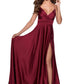 Elegant ALine VNeck Sleeveless Satin Maxi Slit Prom Dress