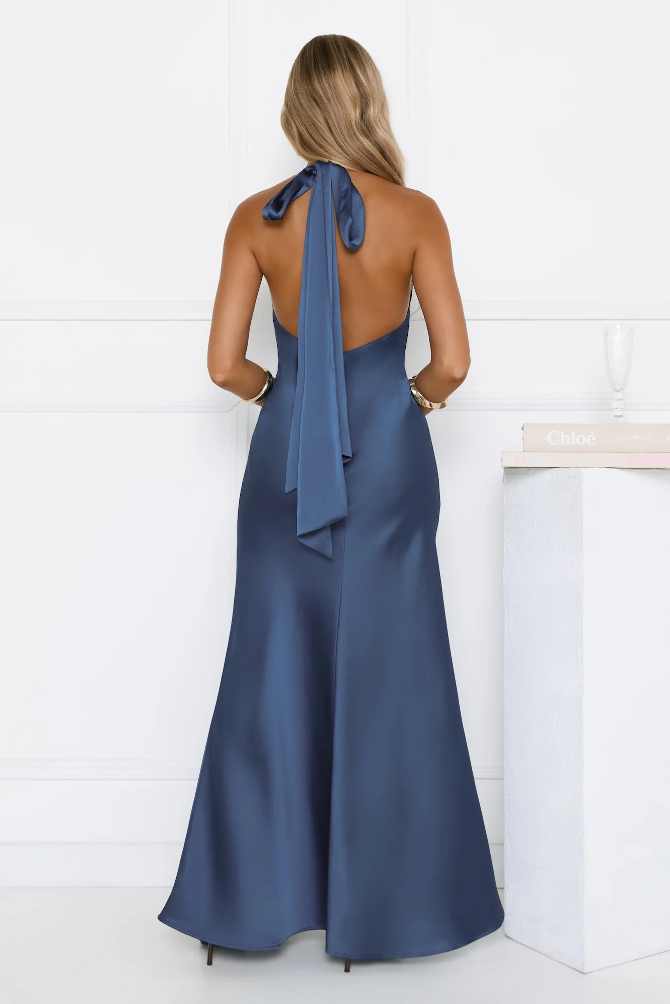 Elegant Mermaid Halter Sleeveless Satin Evening Dress Floor-Length Cowl-Back Bridesmaid Dress