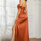 Elegant Mermaid Off-Shoulder Short-Sleeve Satin Floor-Length Corset Slit Prom Dress