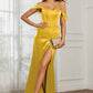 Elegant Mermaid Off-Shoulder Short-Sleeve Satin Floor-Length Corset Slit Prom Dress