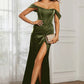 Elegant Mermaid Off-Shoulder Short-Sleeve Satin Floor-Length Corset Slit Prom Dress
