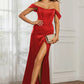 Elegant Mermaid Off-Shoulder Short-Sleeve Satin Floor-Length Corset Slit Prom Dress