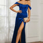 Elegant Mermaid Off-Shoulder Short-Sleeve Satin Floor-Length Corset Slit Prom Dress