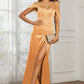 Elegant Mermaid Off-Shoulder Short-Sleeve Satin Floor-Length Corset Slit Prom Dress
