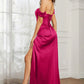 Elegant Mermaid Off-Shoulder Short-Sleeve Satin Floor-Length Corset Slit Prom Dress