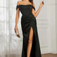 Elegant Mermaid Off-Shoulder Short-Sleeve Satin Floor-Length Corset Slit Prom Dress
