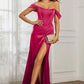 Elegant Mermaid Off-Shoulder Short-Sleeve Satin Floor-Length Corset Slit Prom Dress