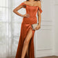 Elegant Mermaid Off-Shoulder Short-Sleeve Satin Floor-Length Corset Slit Prom Dress