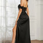 Elegant Mermaid Off-Shoulder Short-Sleeve Satin Floor-Length Corset Slit Prom Dress