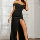 Elegant Mermaid Off-Shoulder Short-Sleeve Satin Floor-Length Corset Slit Prom Dress