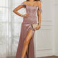 Elegant Mermaid Off-Shoulder Short-Sleeve Satin Floor-Length Corset Slit Prom Dress