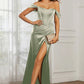Elegant Mermaid Off-Shoulder Short-Sleeve Satin Floor-Length Corset Slit Prom Dress