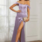 Elegant Mermaid Off-Shoulder Short-Sleeve Satin Floor-Length Corset Slit Prom Dress