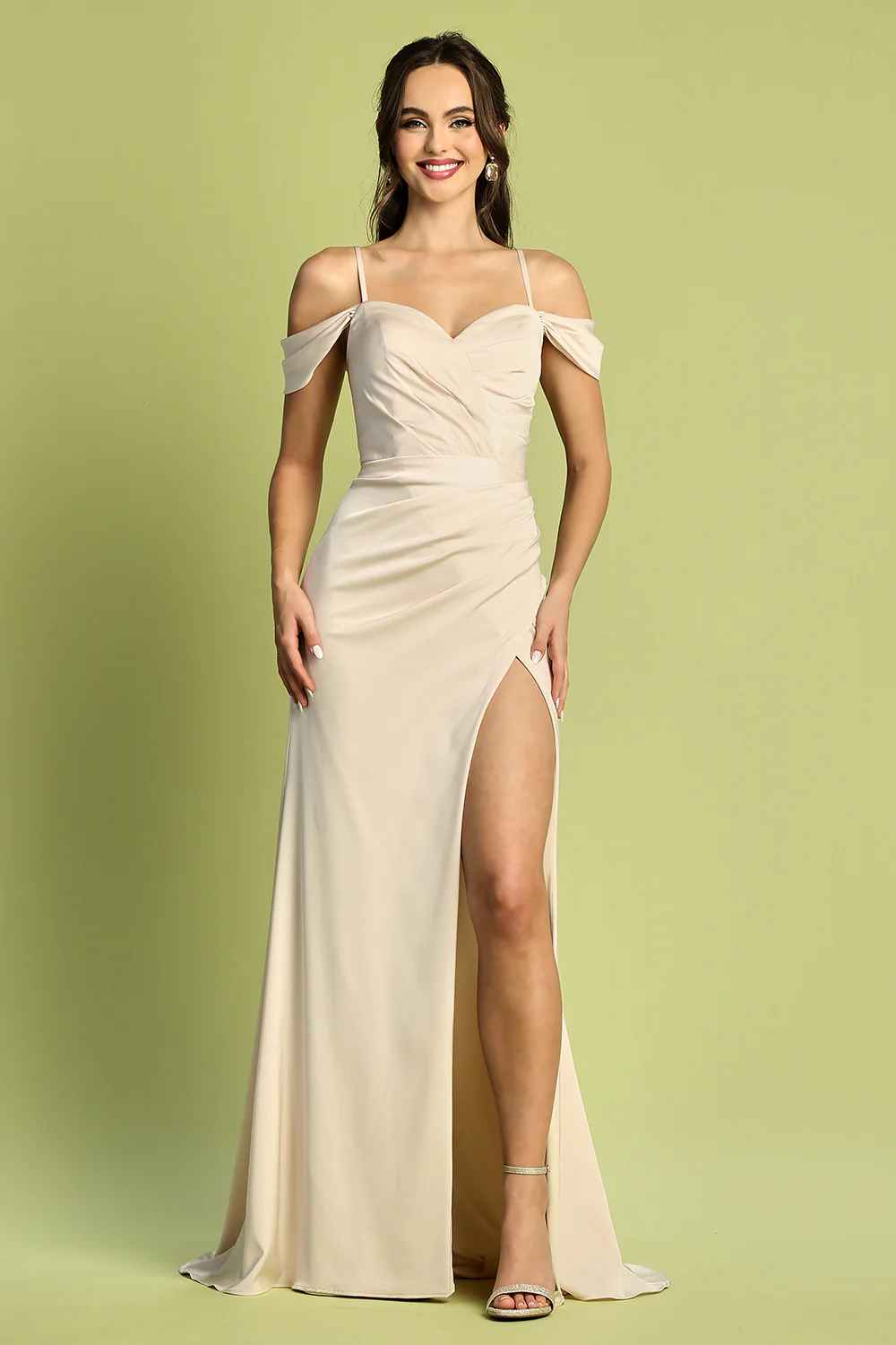 Elegant Mermaid Off-the-Shoulder Short-Sleeve Satin Floor-Length Corset-Back Formal Prom Dress