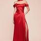 Elegant Mermaid Off-the-Shoulder Short Sleeve Satin Floor-Length Lace-up Slit Evening Dress