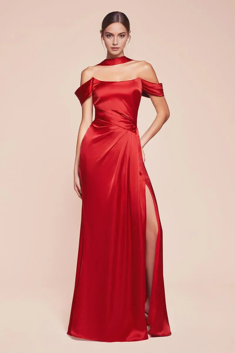 Elegant Mermaid Off-the-Shoulder Short Sleeve Satin Floor-Length Lace-up Slit Evening Dress