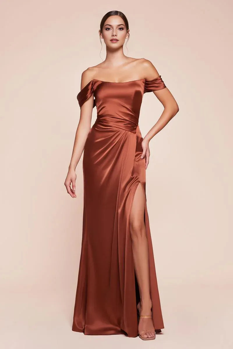 Elegant Mermaid Off-the-Shoulder Short Sleeve Satin Floor-Length Lace-up Slit Evening Dress