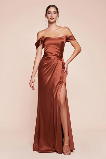 Elegant Mermaid Off-the-Shoulder Short Sleeve Satin Floor-Length Lace-up Slit Evening Dress