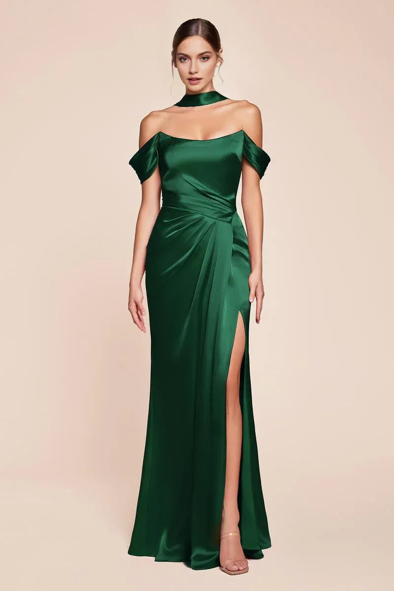 Elegant Mermaid Off-the-Shoulder Short Sleeve Satin Floor-Length Lace-up Slit Evening Dress
