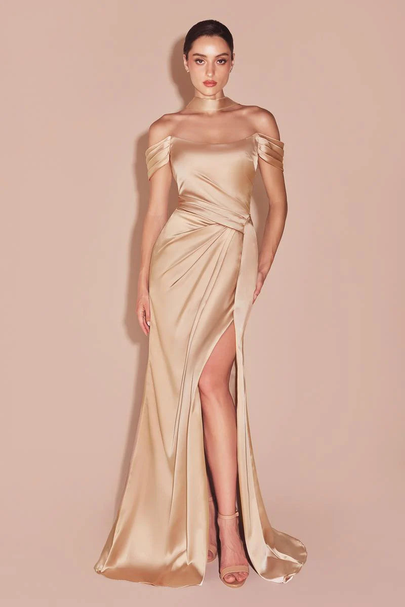 Elegant Mermaid Off-the-Shoulder Short Sleeve Satin Floor-Length Lace-up Slit Evening Dress