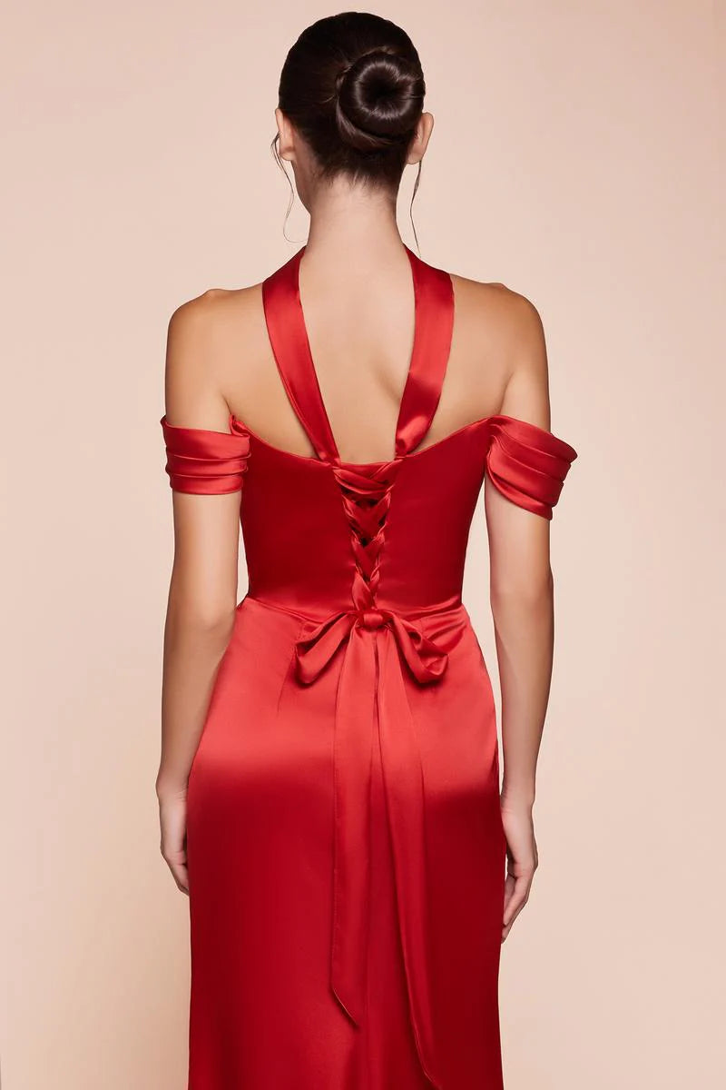 Elegant Mermaid Off-the-Shoulder Short Sleeve Satin Floor-Length Lace-up Slit Evening Dress