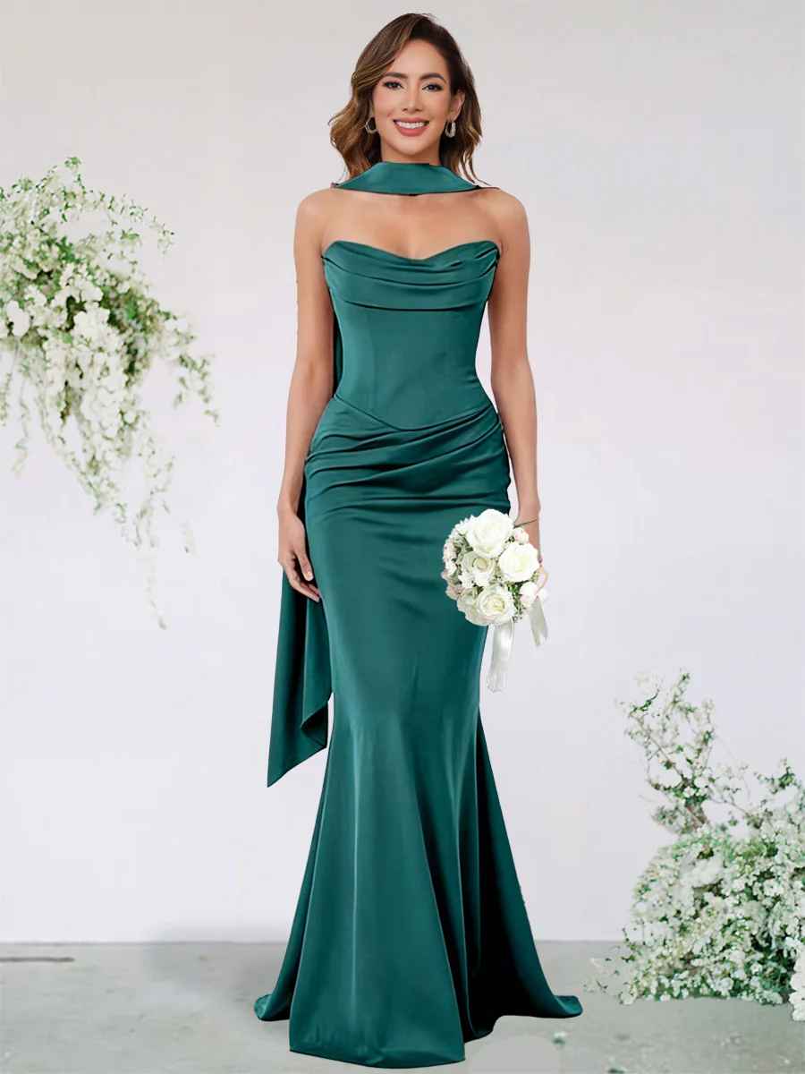 Elegant Mermaid Strapless Sleeveless Satin Floor-Length Corset-Back Prom Dress