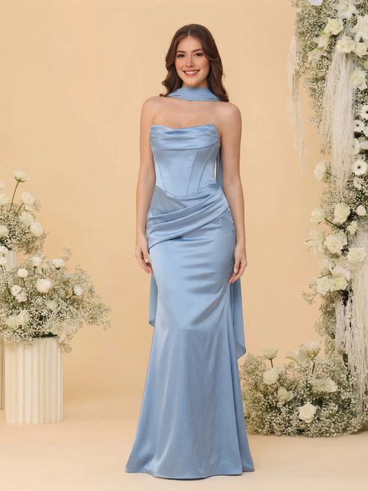 Elegant Mermaid Strapless Sleeveless Satin Floor-Length Corset-Back Prom Dress
