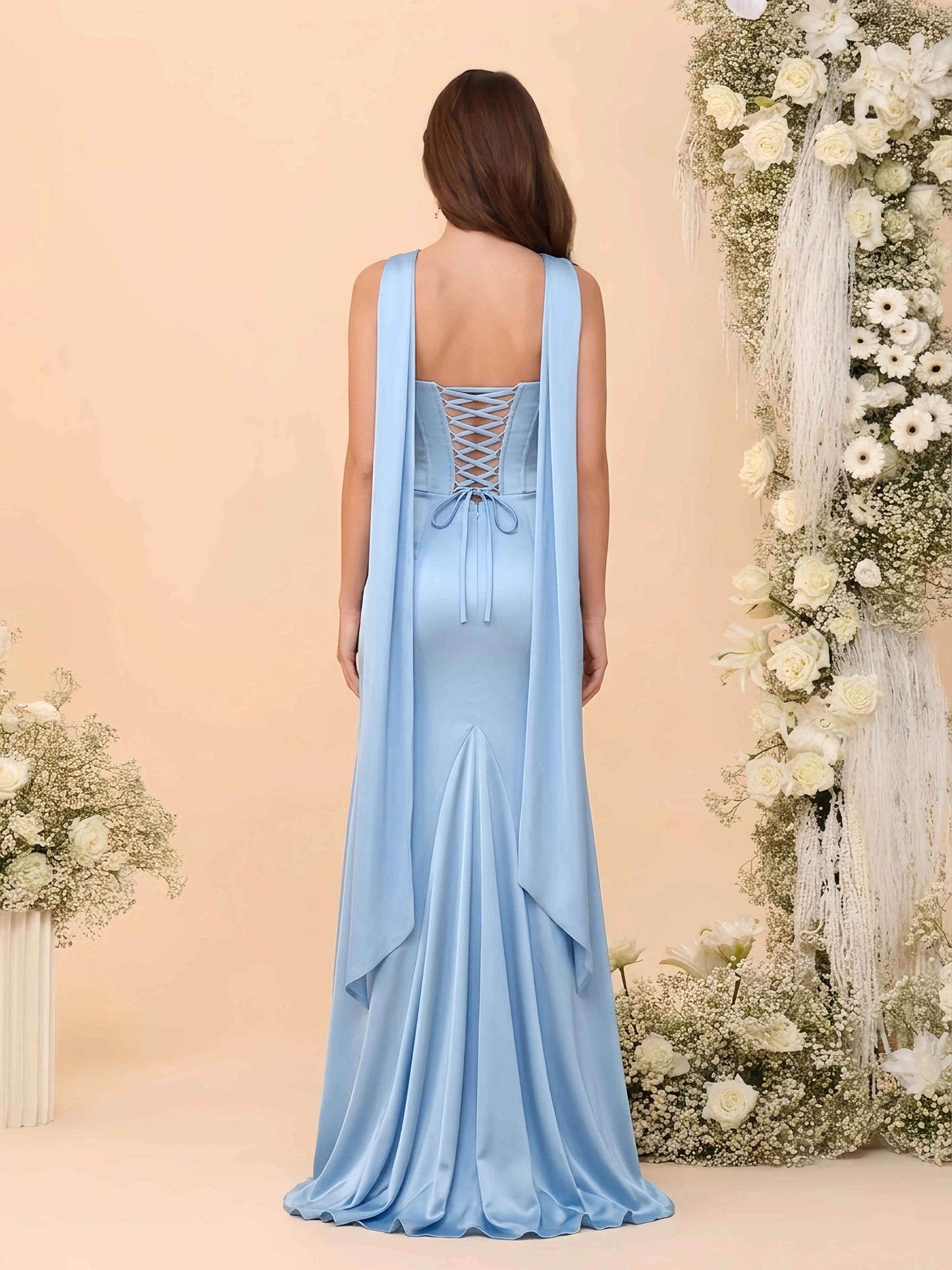 Elegant Mermaid Strapless Sleeveless Satin Floor-Length Corset-Back Prom Dress