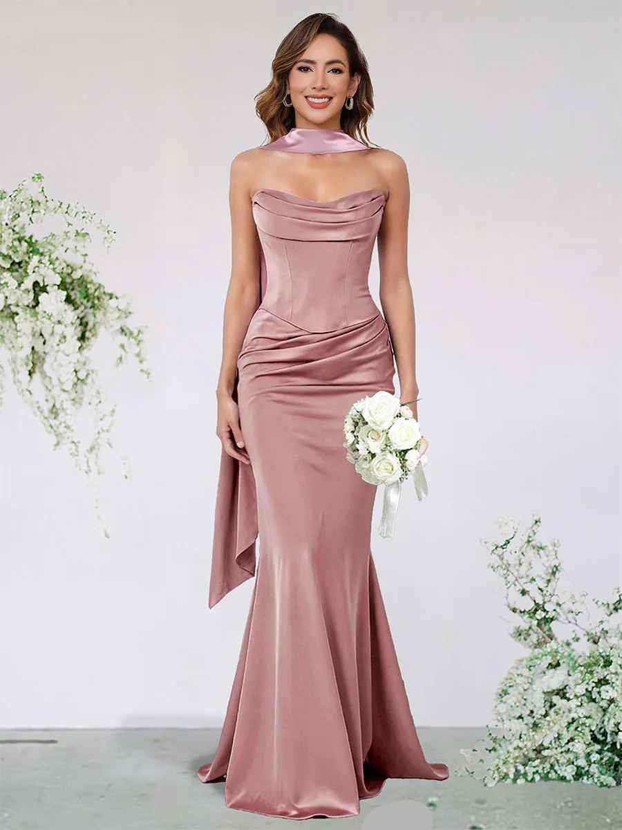 Elegant Mermaid Strapless Sleeveless Satin Floor-Length Corset-Back Prom Dress