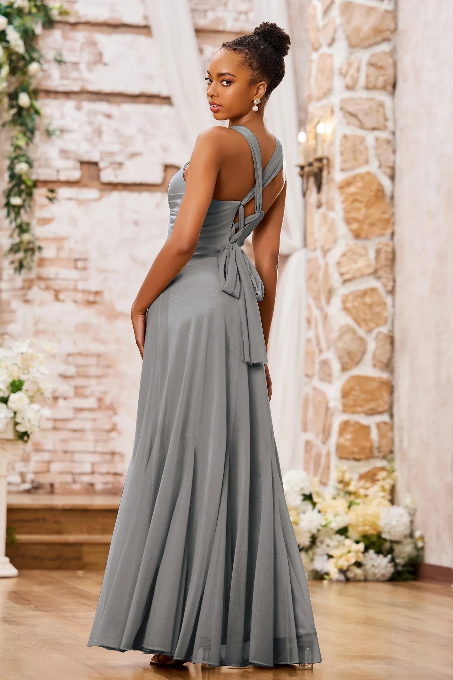 Elegant Mermaid V-Neck Spaghetti-Strap Floor-Length Knotted Bow Prom Dress