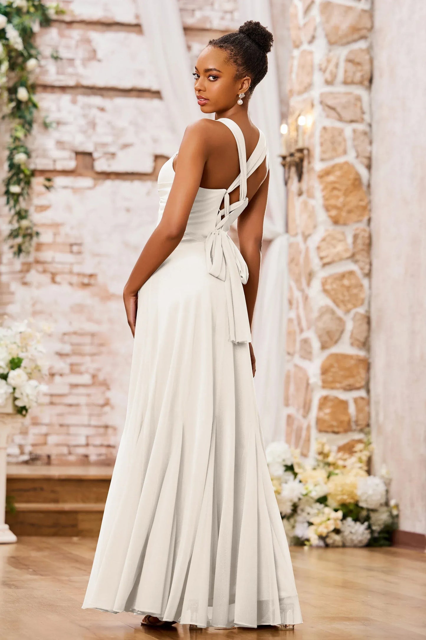 Elegant Mermaid V-Neck Spaghetti-Strap Floor-Length Knotted Bow Prom Dress
