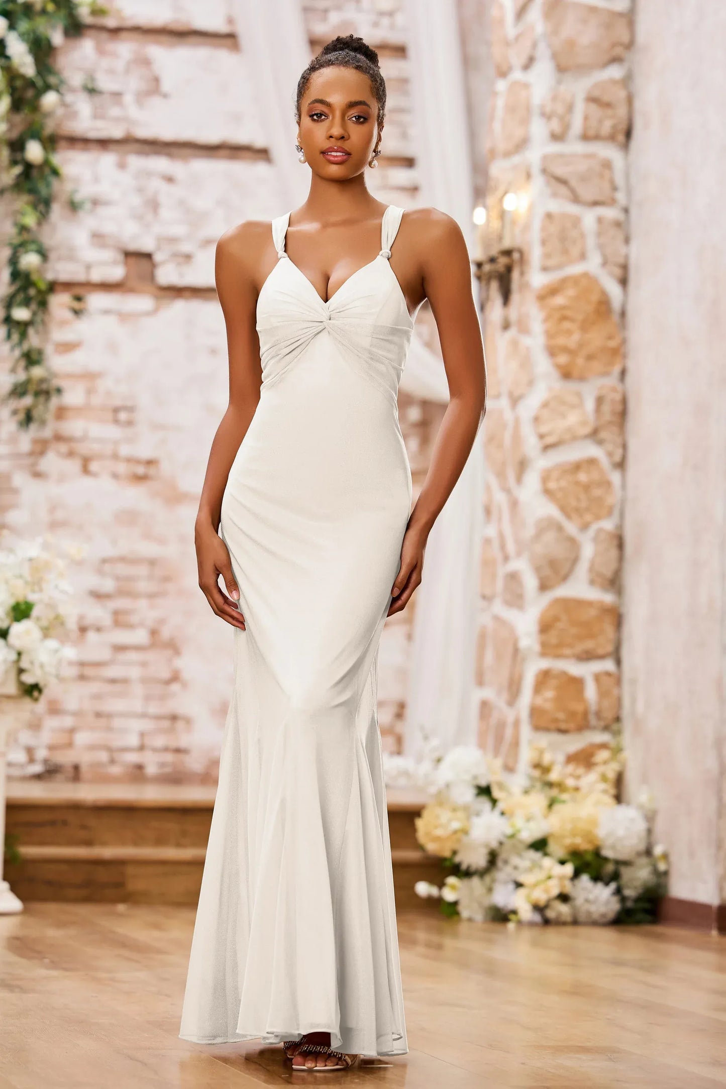 Elegant Mermaid V-Neck Spaghetti-Strap Floor-Length Knotted Bow Prom Dress