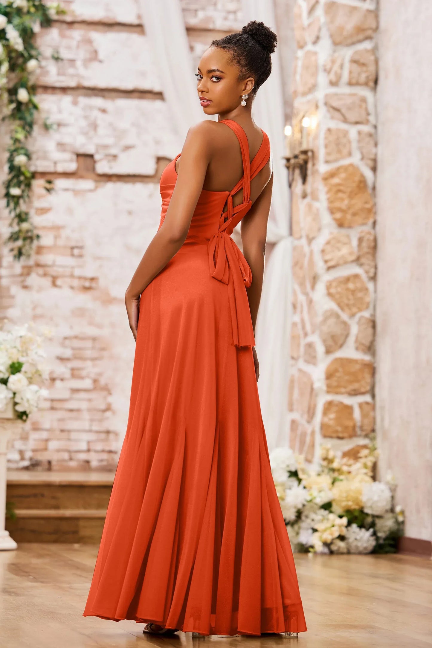 Elegant Mermaid V-Neck Spaghetti-Strap Floor-Length Knotted Bow Prom Dress