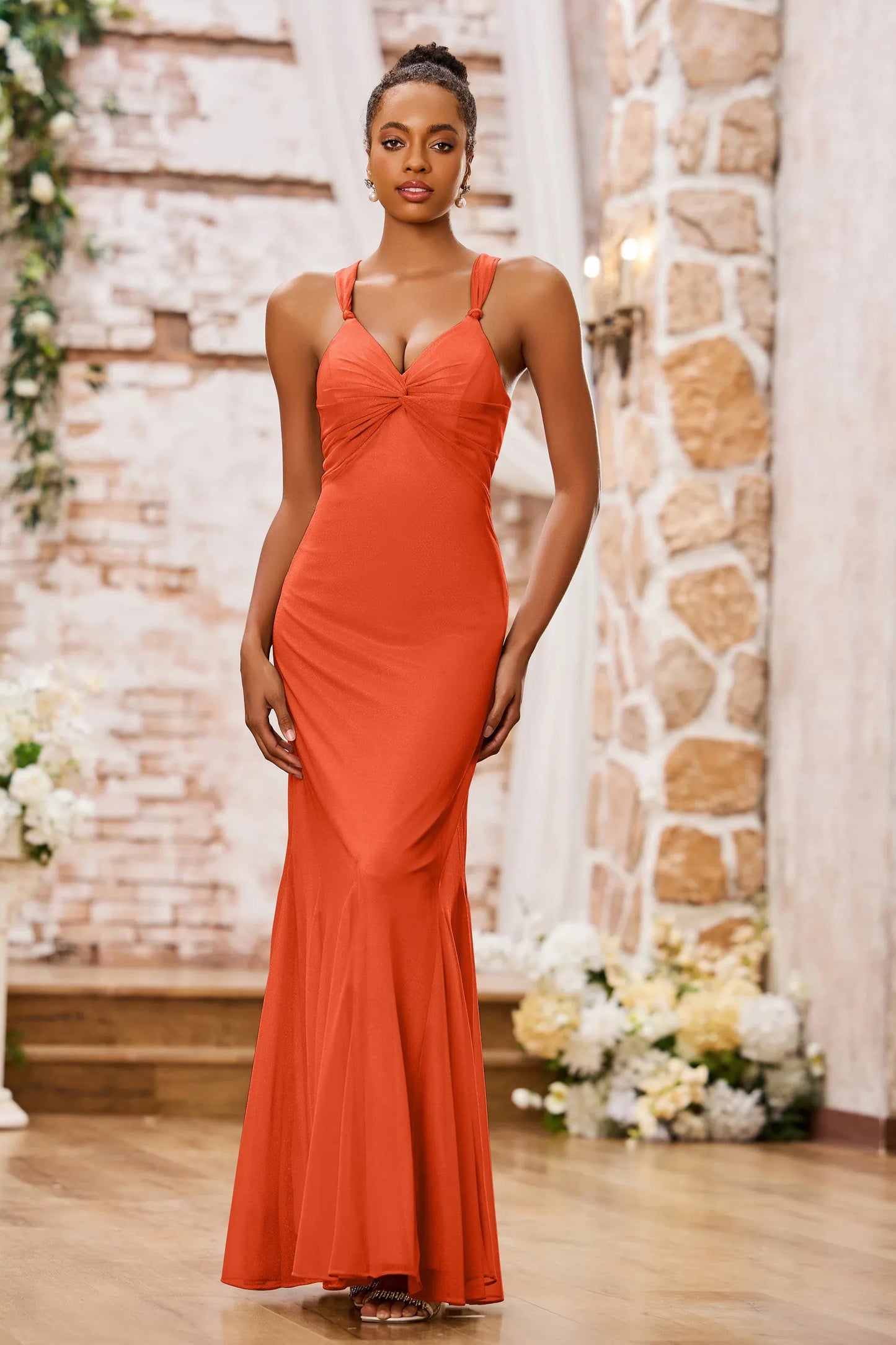 Elegant Mermaid V-Neck Spaghetti-Strap Floor-Length Knotted Bow Prom Dress