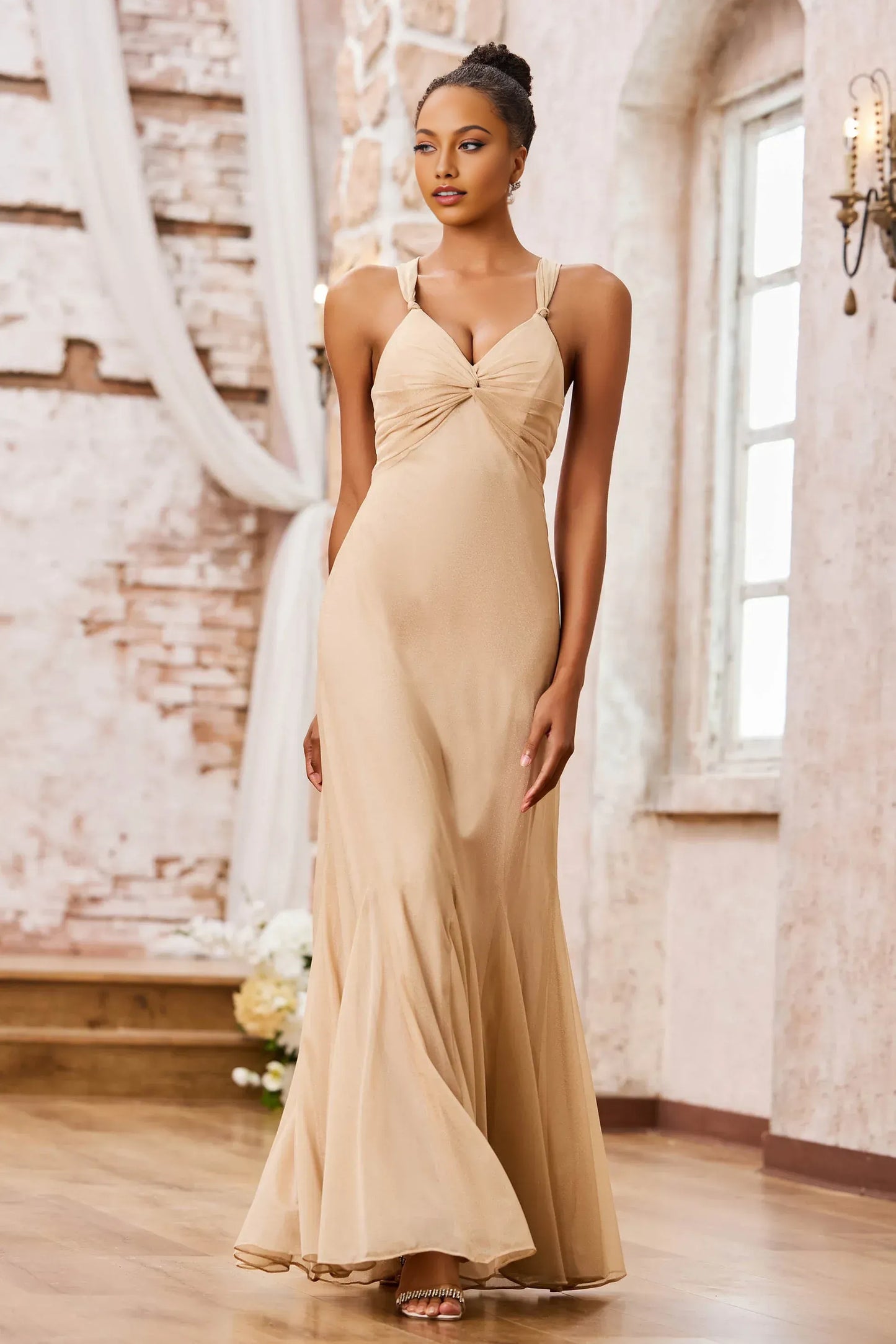 Elegant Mermaid V-Neck Spaghetti-Strap Floor-Length Knotted Bow Prom Dress