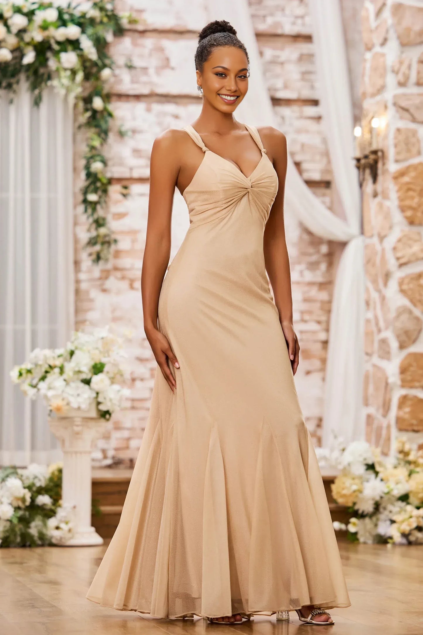 Elegant Mermaid V-Neck Spaghetti-Strap Floor-Length Knotted Bow Prom Dress