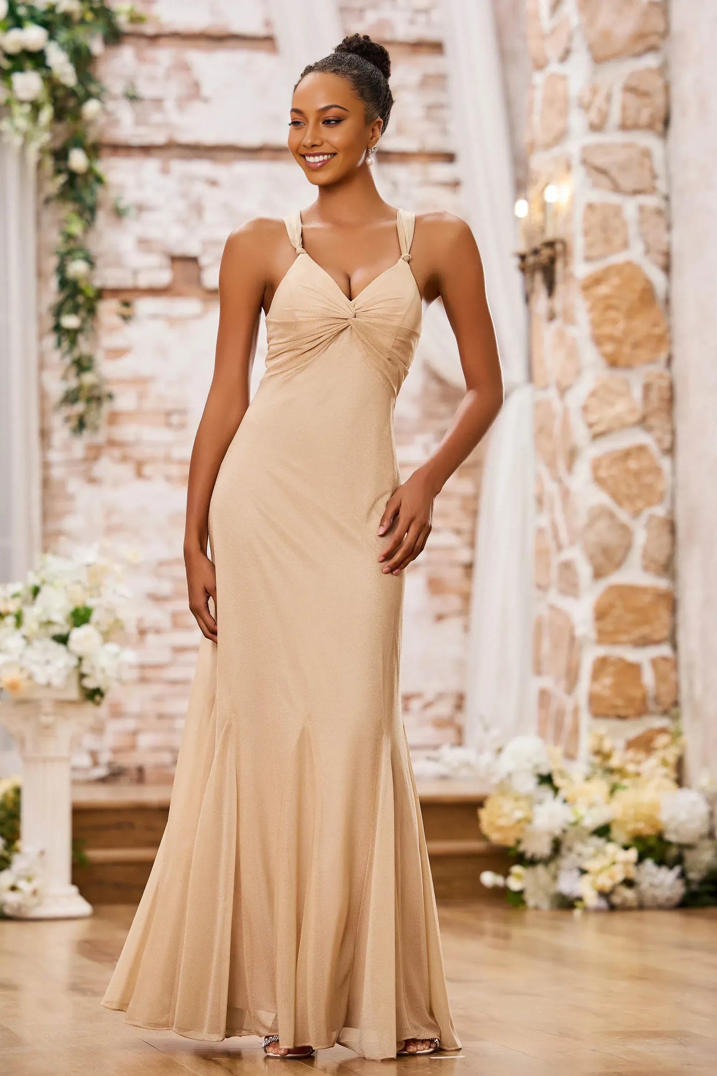 Elegant Mermaid V-Neck Spaghetti-Strap Floor-Length Knotted Bow Prom Dress