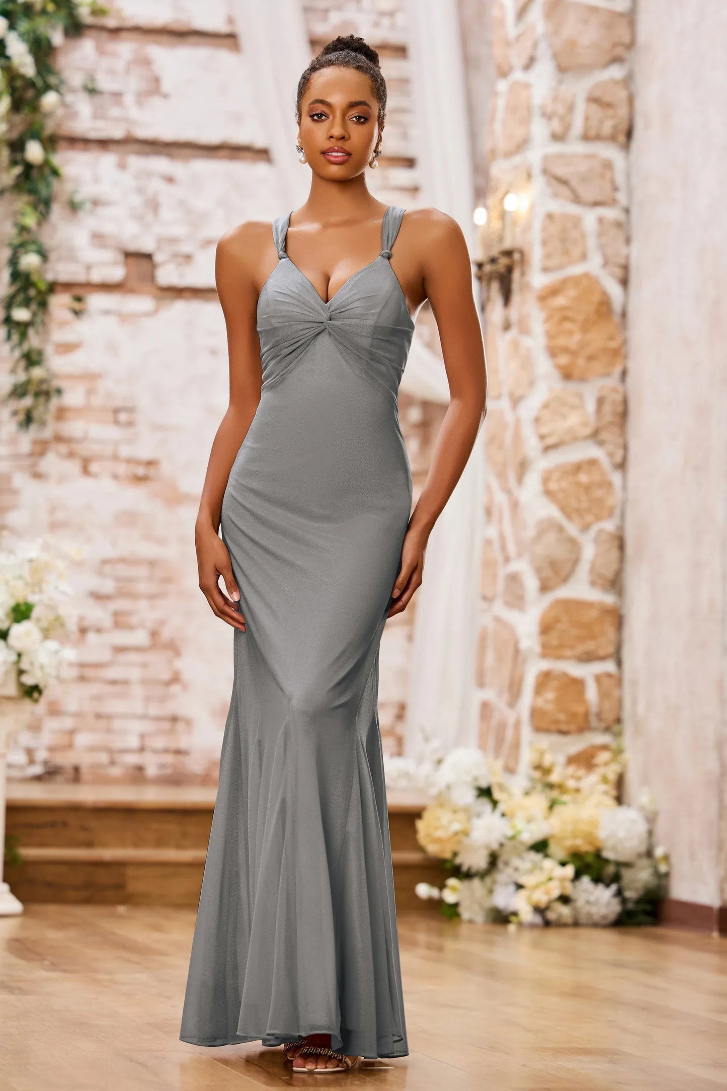 Elegant Mermaid V-Neck Spaghetti-Strap Floor-Length Knotted Bow Prom Dress