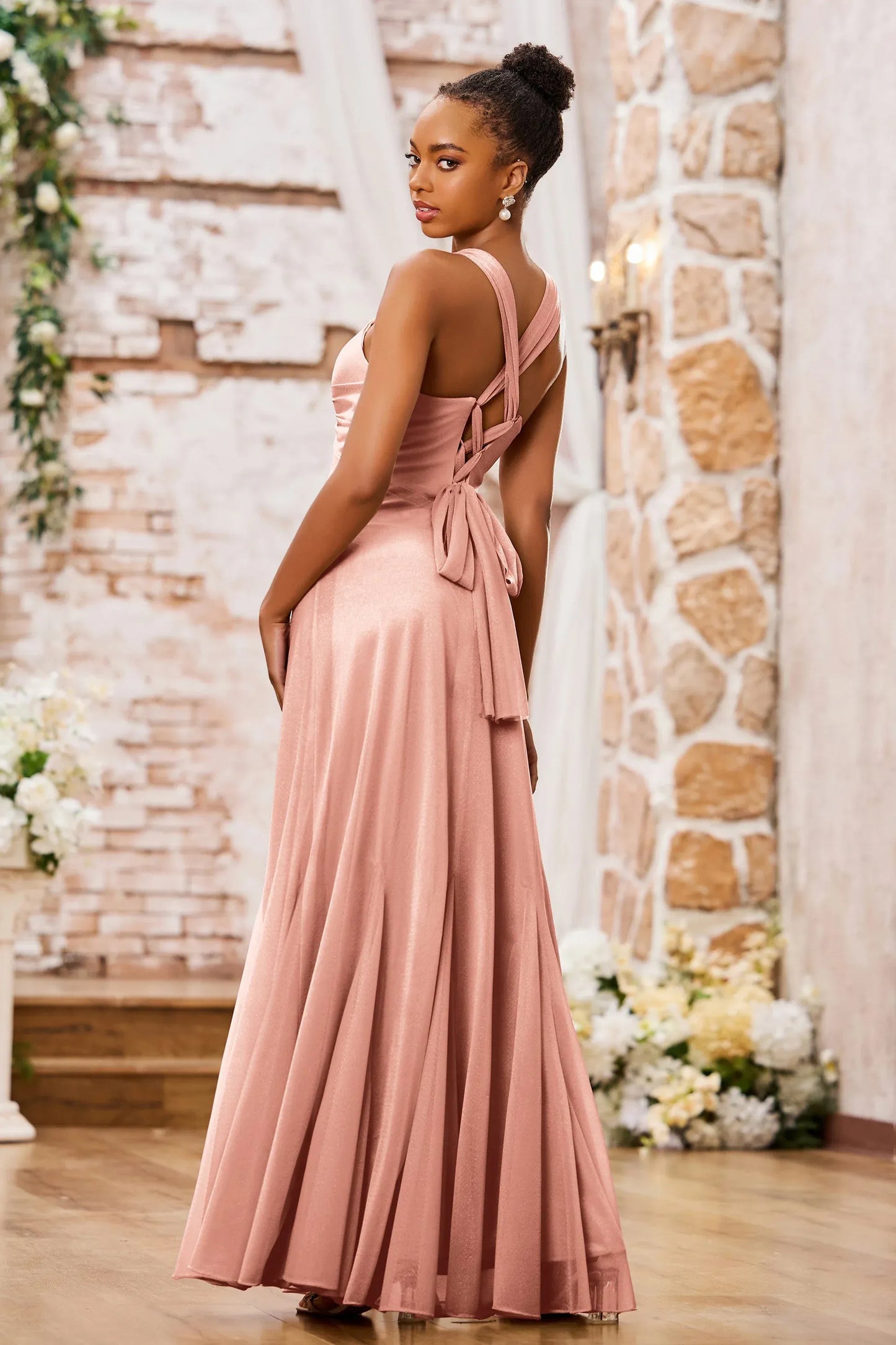Elegant Mermaid V-Neck Spaghetti-Strap Floor-Length Knotted Bow Prom Dress
