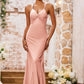 Elegant Mermaid V-Neck Spaghetti-Strap Floor-Length Knotted Bow Prom Dress