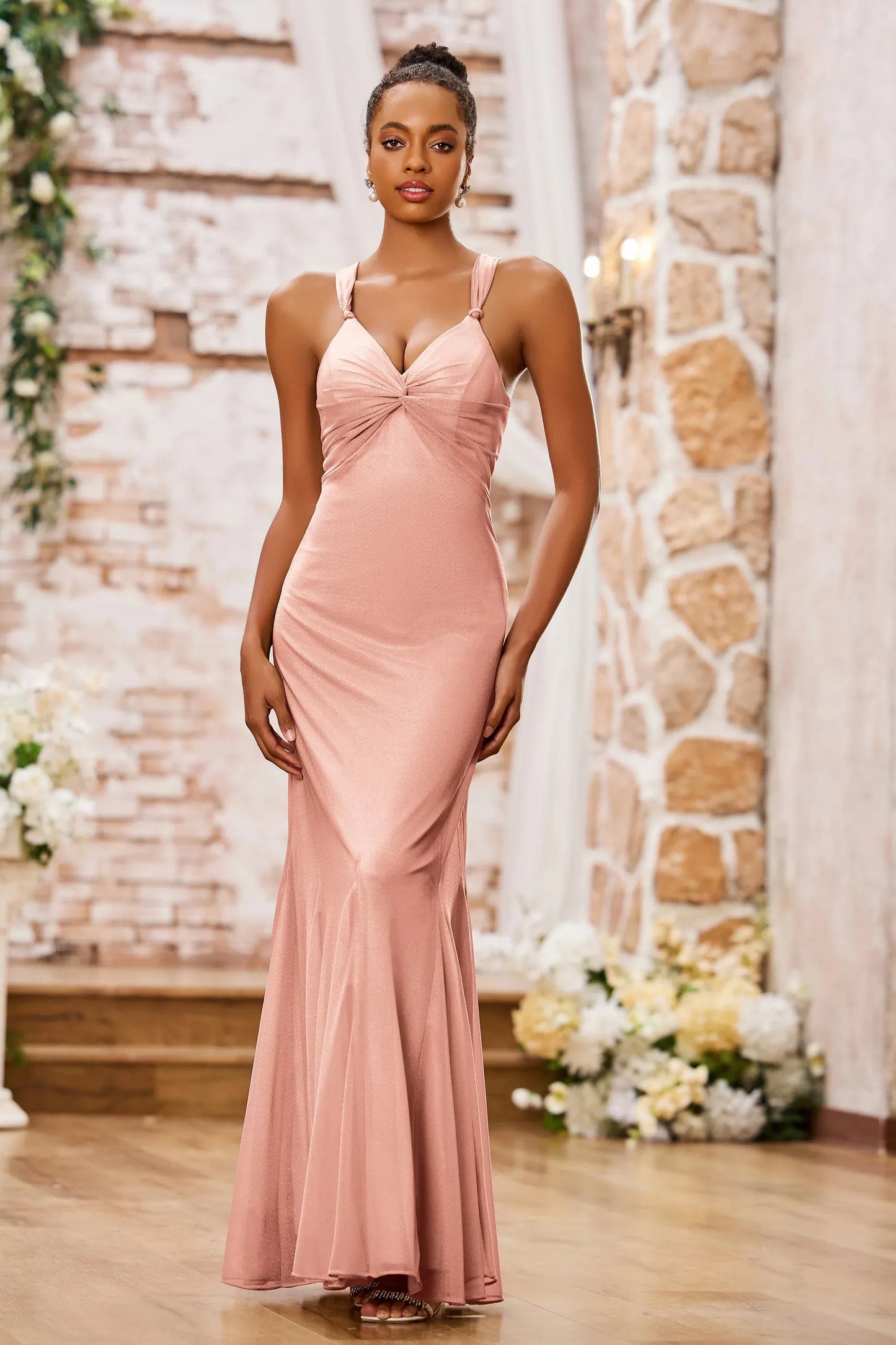 Elegant Mermaid V-Neck Spaghetti-Strap Floor-Length Knotted Bow Prom Dress