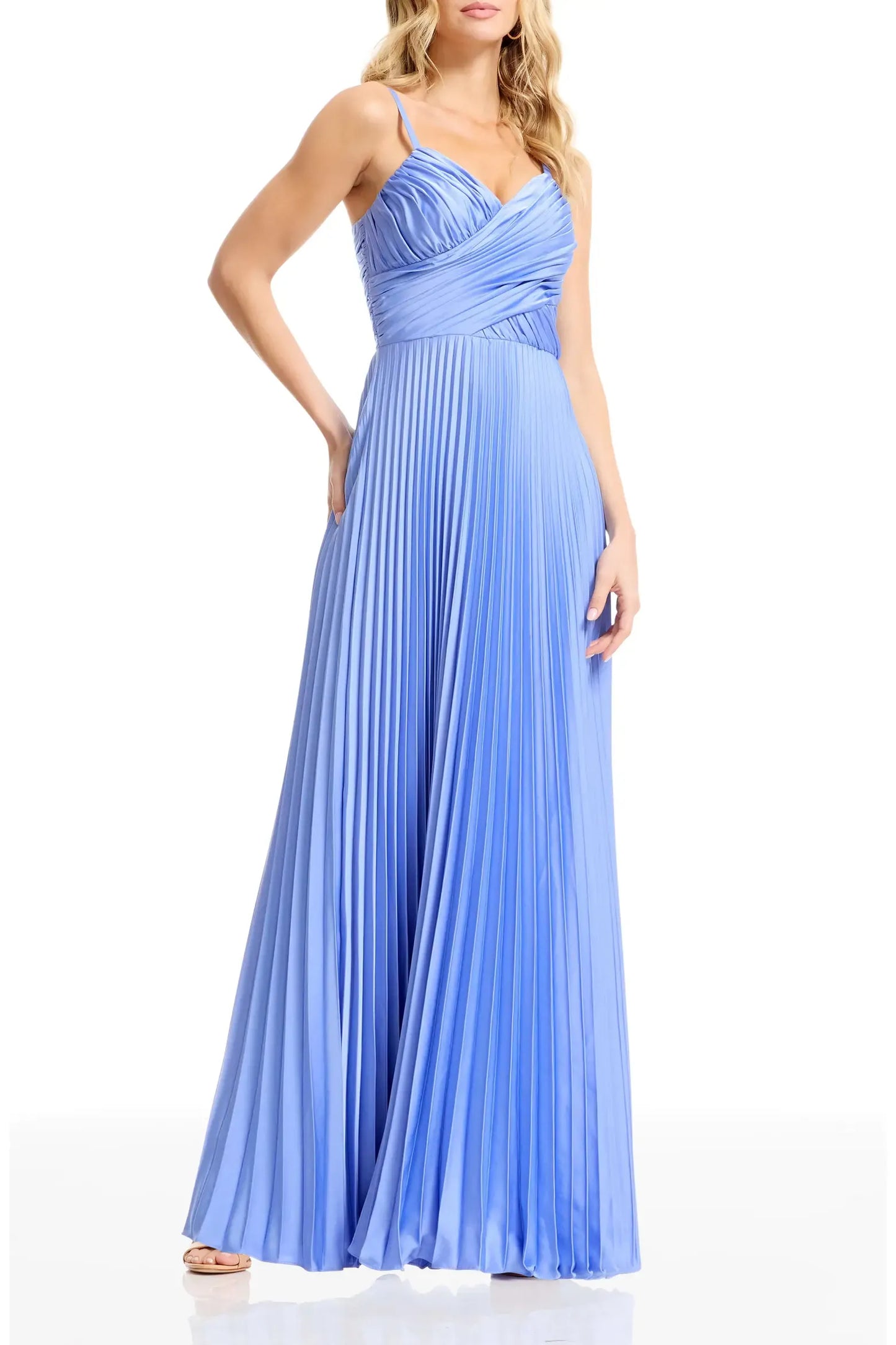 Elegant A-Line Floor-Length Sweetheart Neck Spaghetti Strap Satin Ruched Bodice Pleated Formal Evening Gown