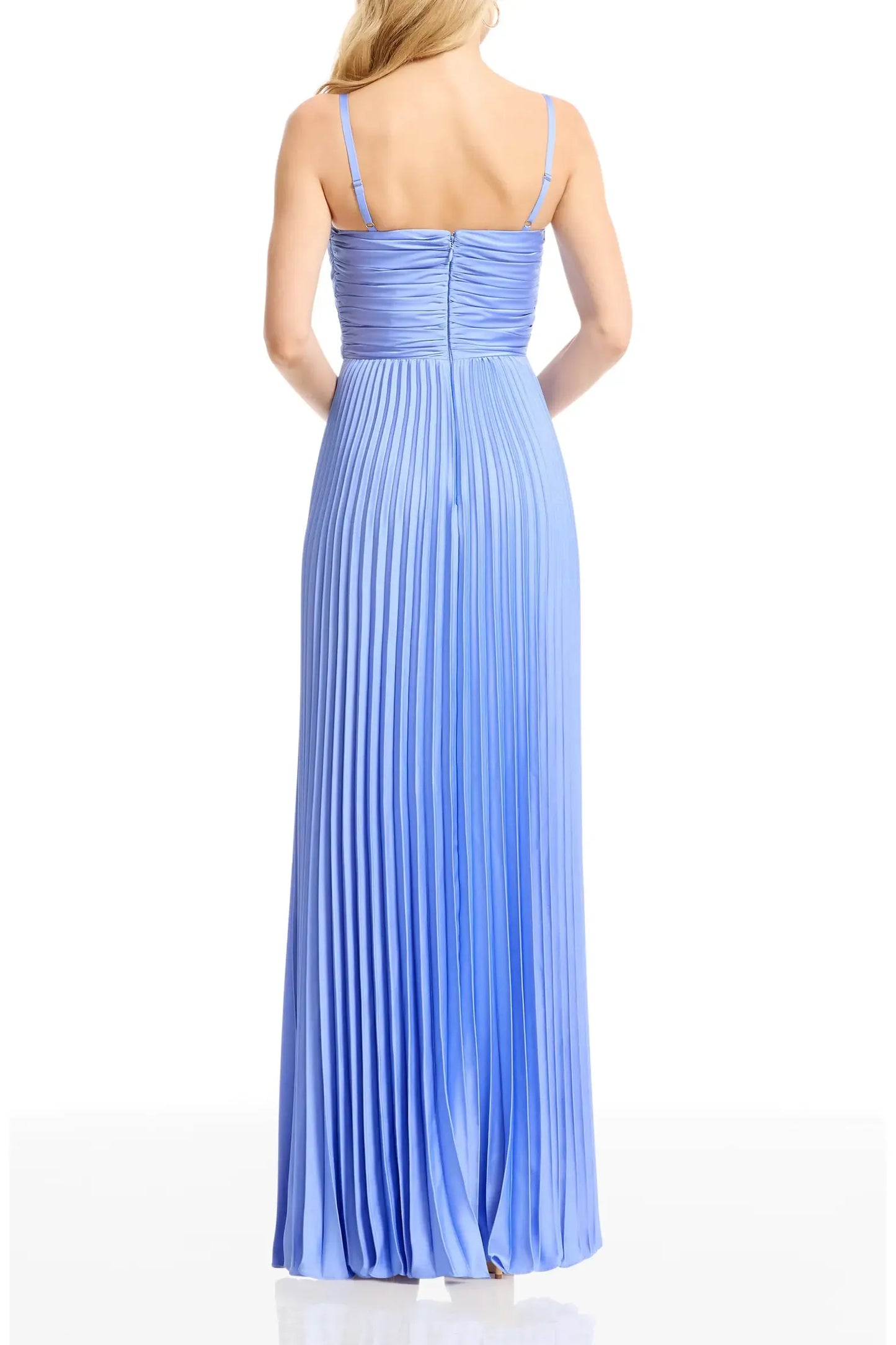 Elegant A-Line Floor-Length Sweetheart Neck Spaghetti Strap Satin Ruched Bodice Pleated Formal Evening Gown