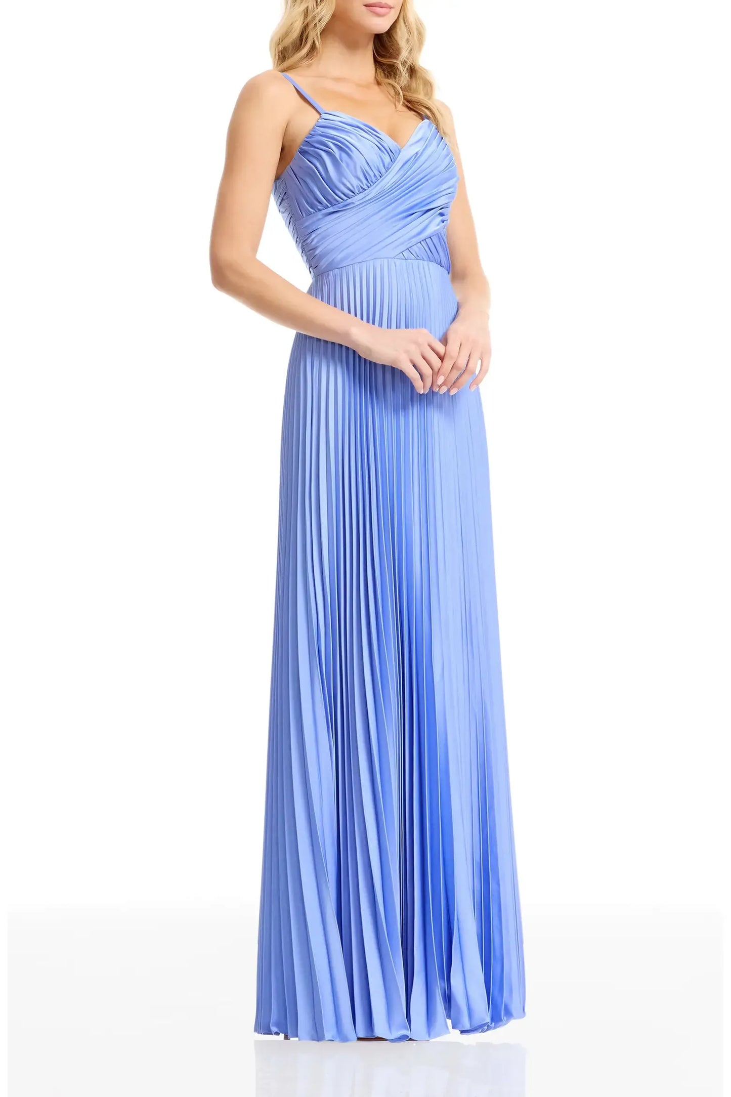 Elegant A-Line Floor-Length Sweetheart Neck Spaghetti Strap Satin Ruched Bodice Pleated Formal Evening Gown