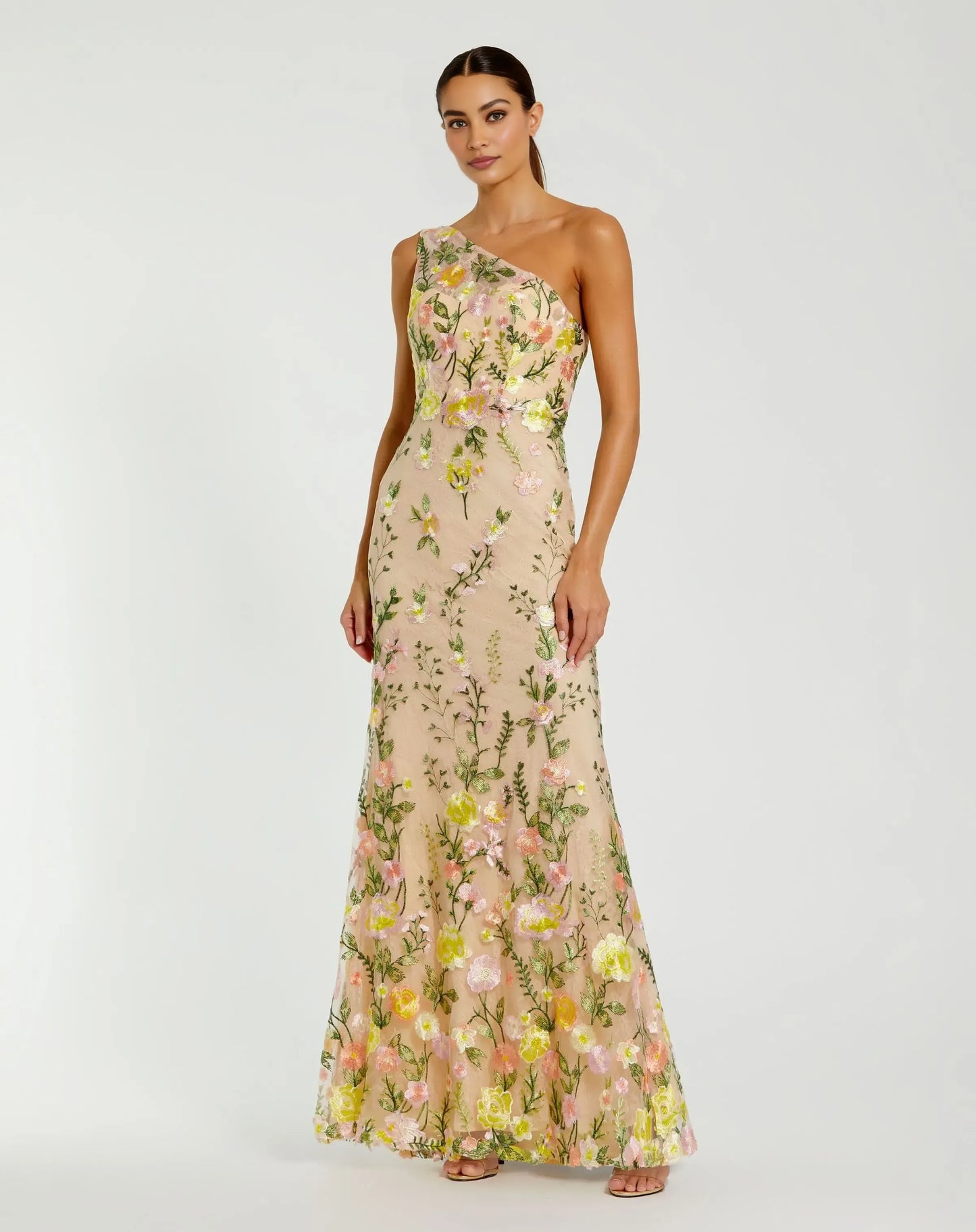 Exquisite Column One-shoulder Sleeveless Mesh Long Embroidered Evening Gown