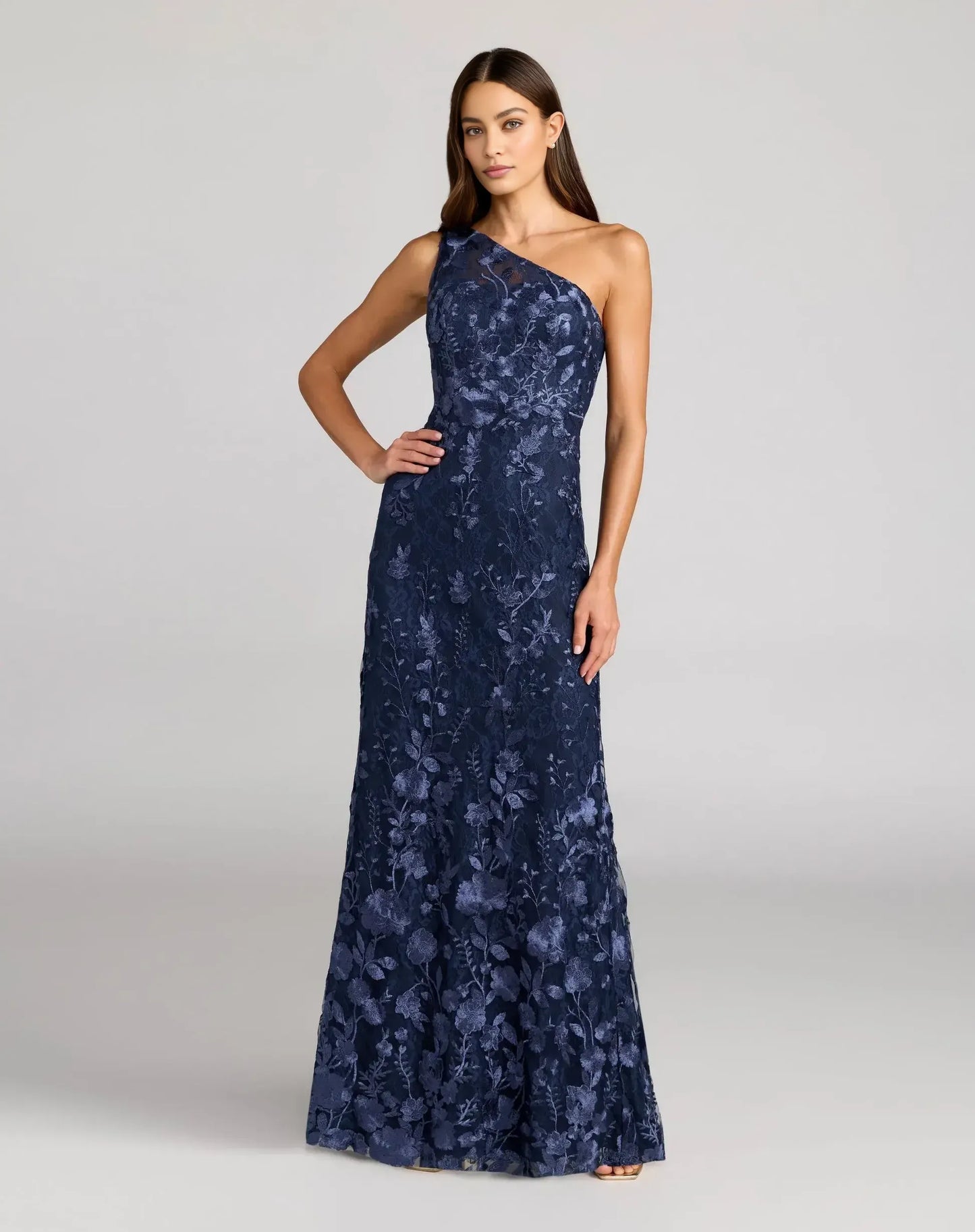 Exquisite Column One-shoulder Sleeveless Mesh Long Embroidered Evening Gown
