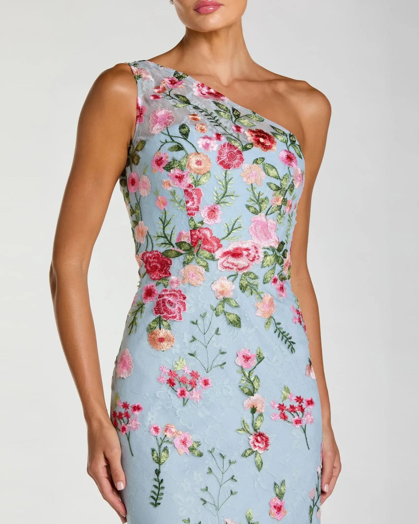 Exquisite Column One-shoulder Sleeveless Mesh Long Embroidered Evening Gown