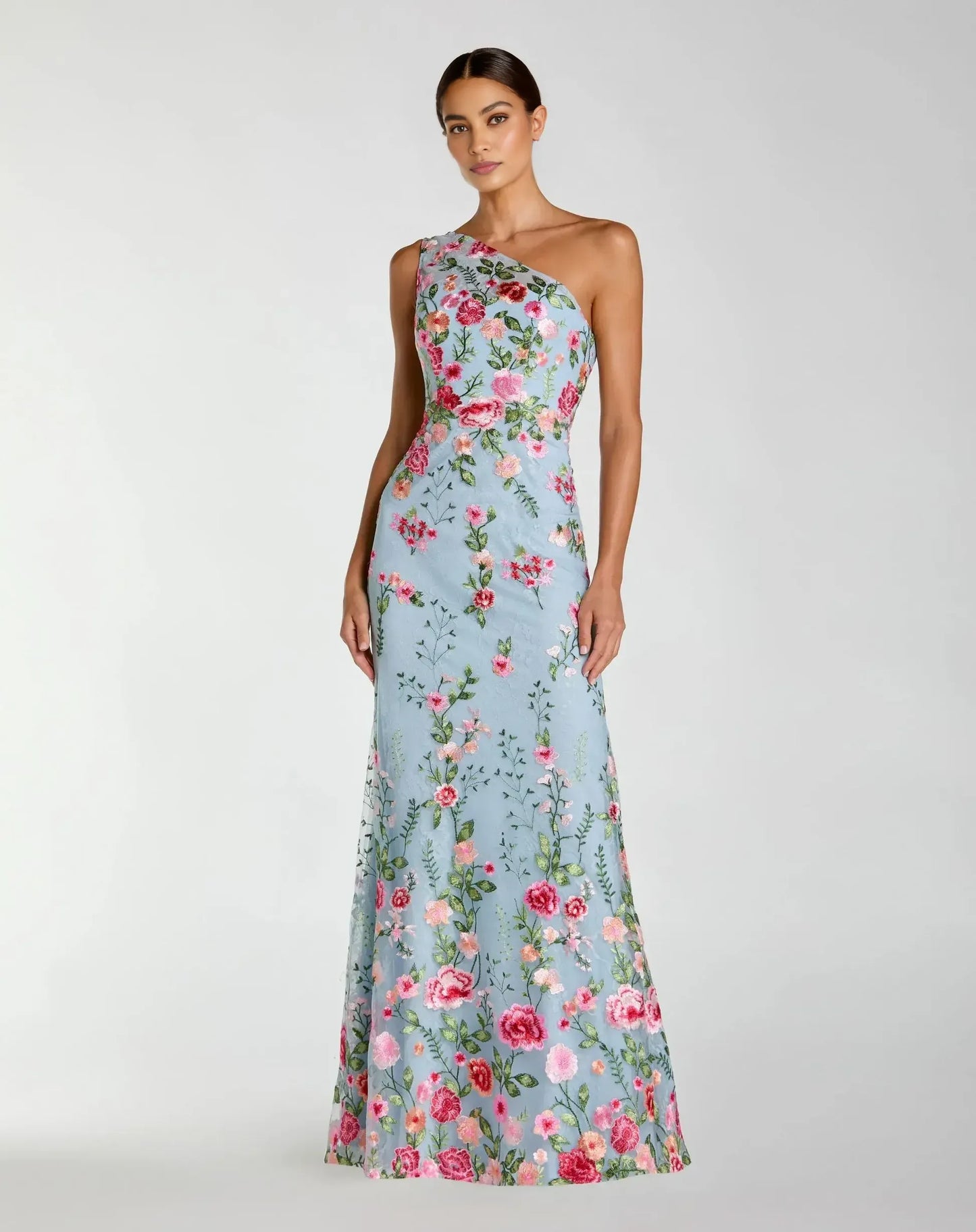 Exquisite Column One-shoulder Sleeveless Mesh Long Embroidered Evening Gown
