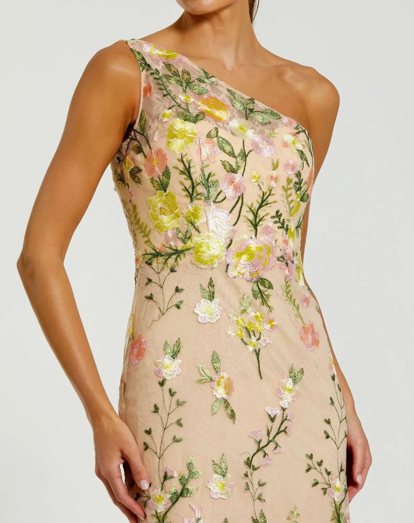 Exquisite Column One-shoulder Sleeveless Mesh Long Embroidered Evening Gown